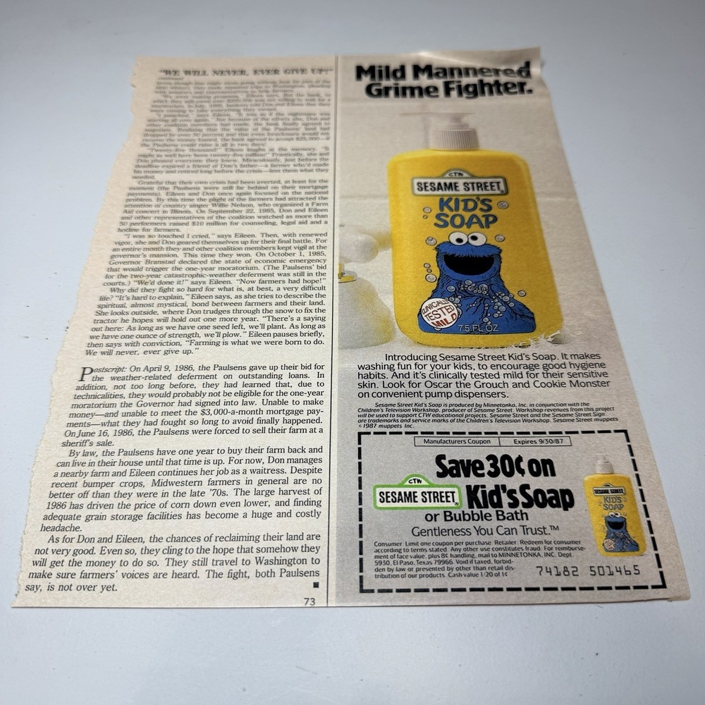 1987 print AD Sesame Street Cookie Monster‎ Bathtub Soap Advertising Ephemera